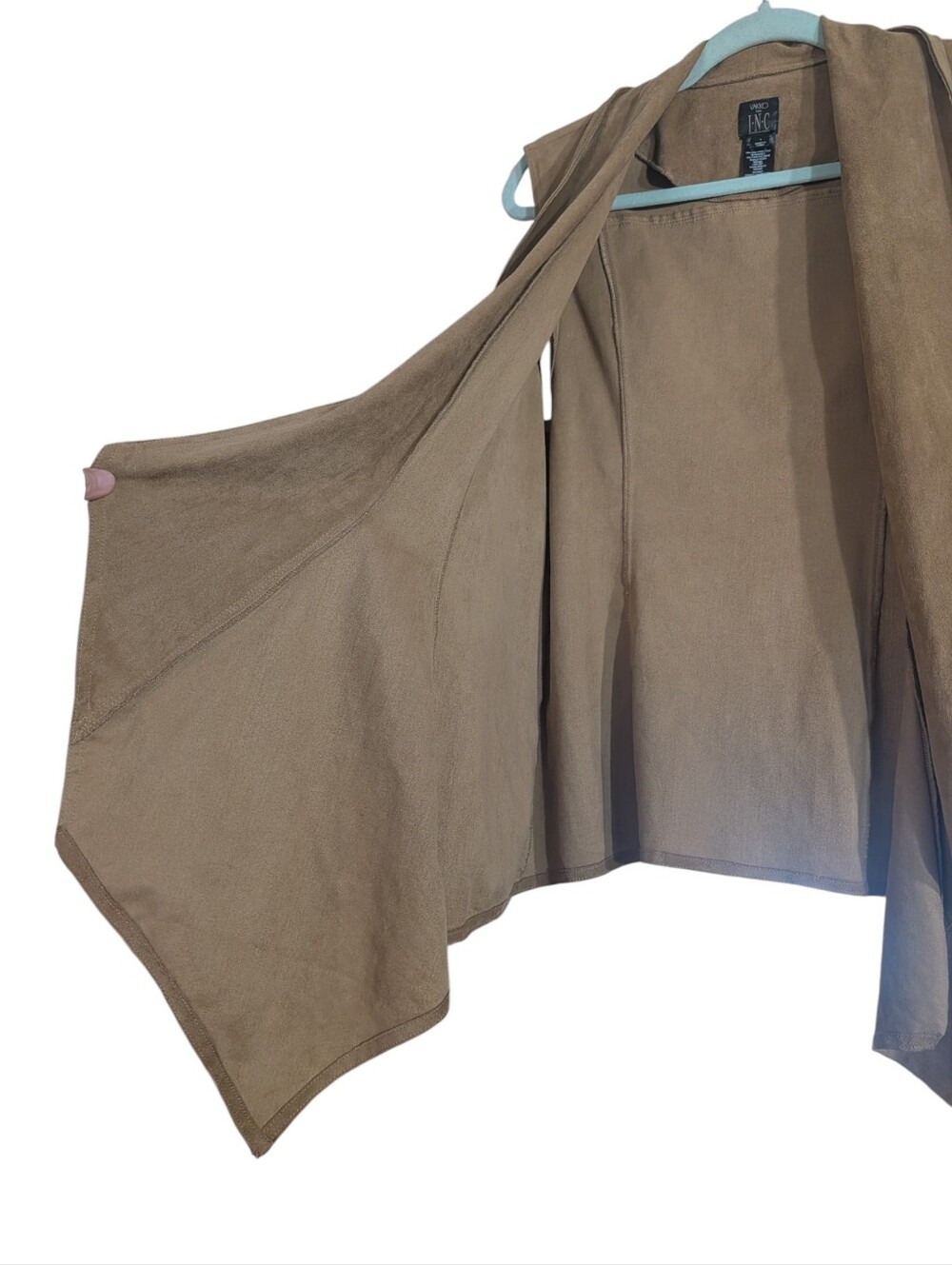 INC International Concepts Taupe Faux Suede Drape Front Vest L Western Boho - Picture 5 of 9